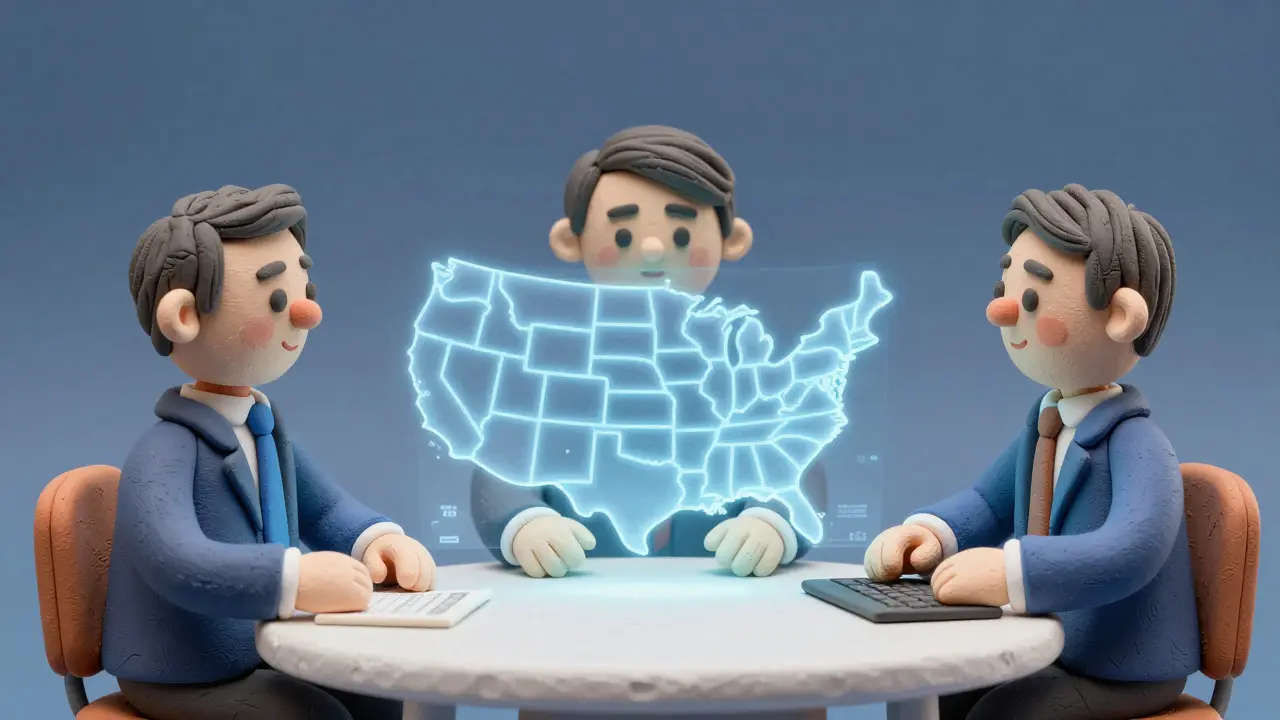 Clay illustration of regulators reviewing a map to ensure consistent national stablecoin standards.