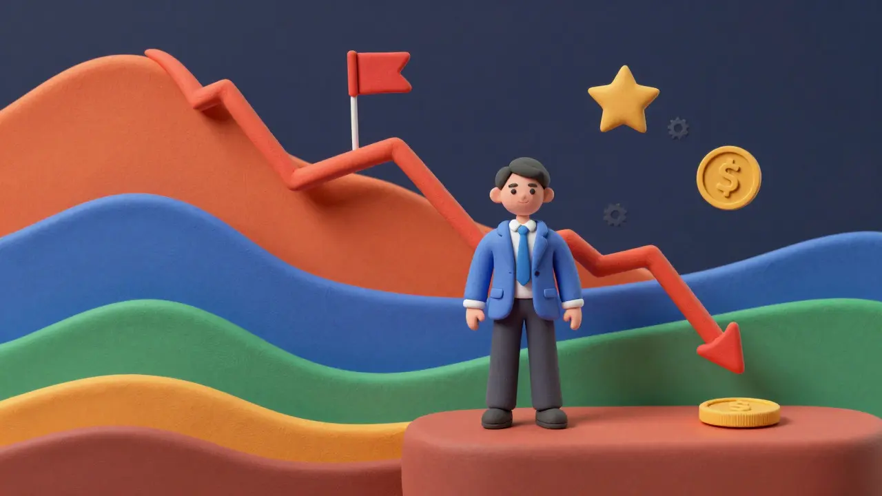 Clay illustration of volatile crypto price waves stabilizing for an investor