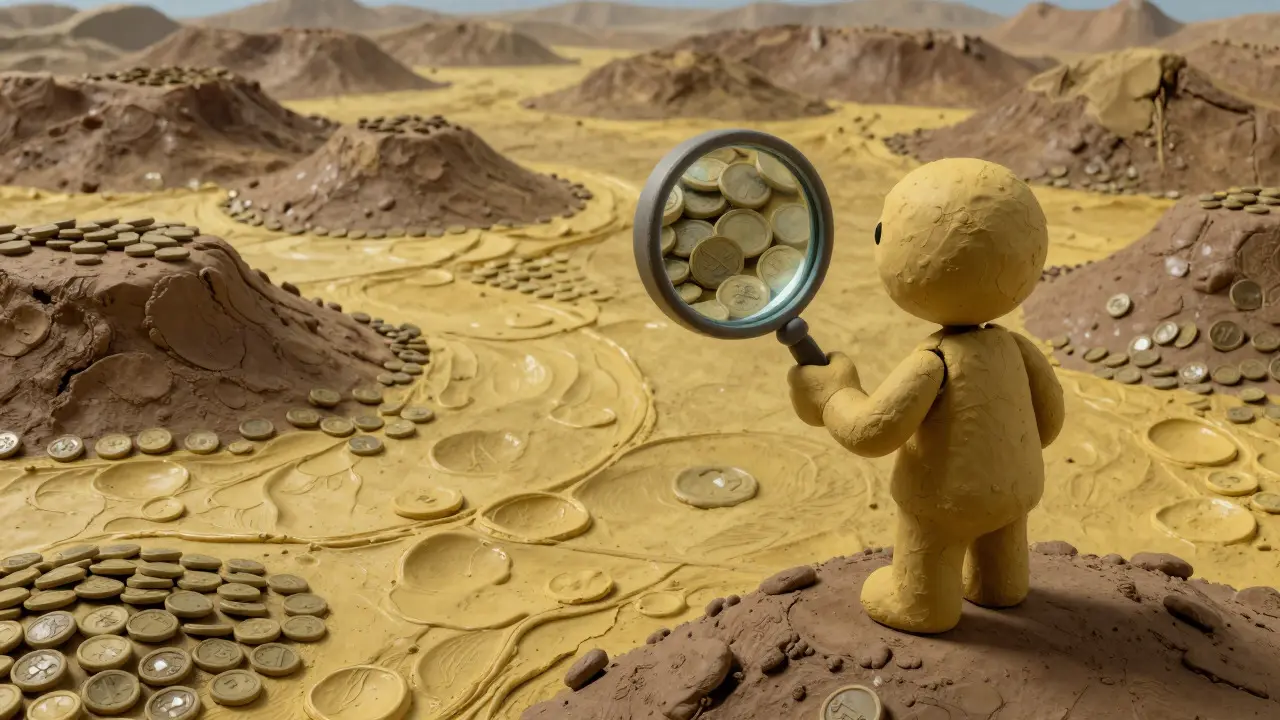 Clay landscape of coin terrain viewed through a magnifier