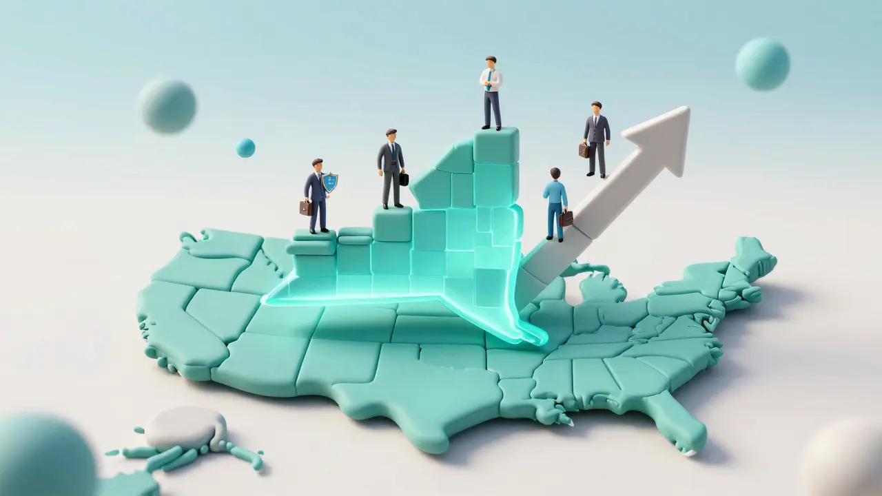 Clay map of US with rising arrow over New York symbolizing growth