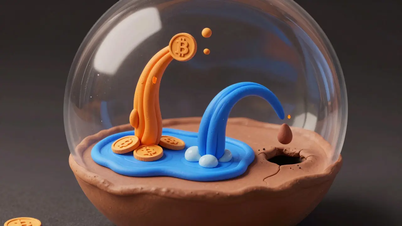 Clay model illustrating transaction splits into rewards, liquidity, and burn