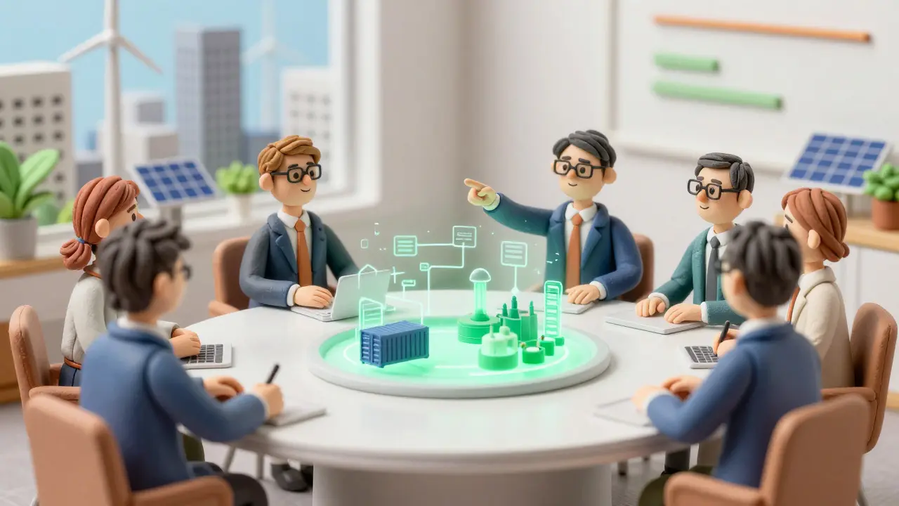 Clay model of business professionals discussing a green supply chain network in a modern office
