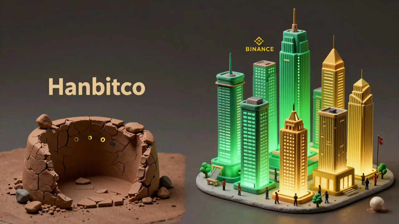 Clay render contrasting a crumbling small exchange with thriving major competitors.