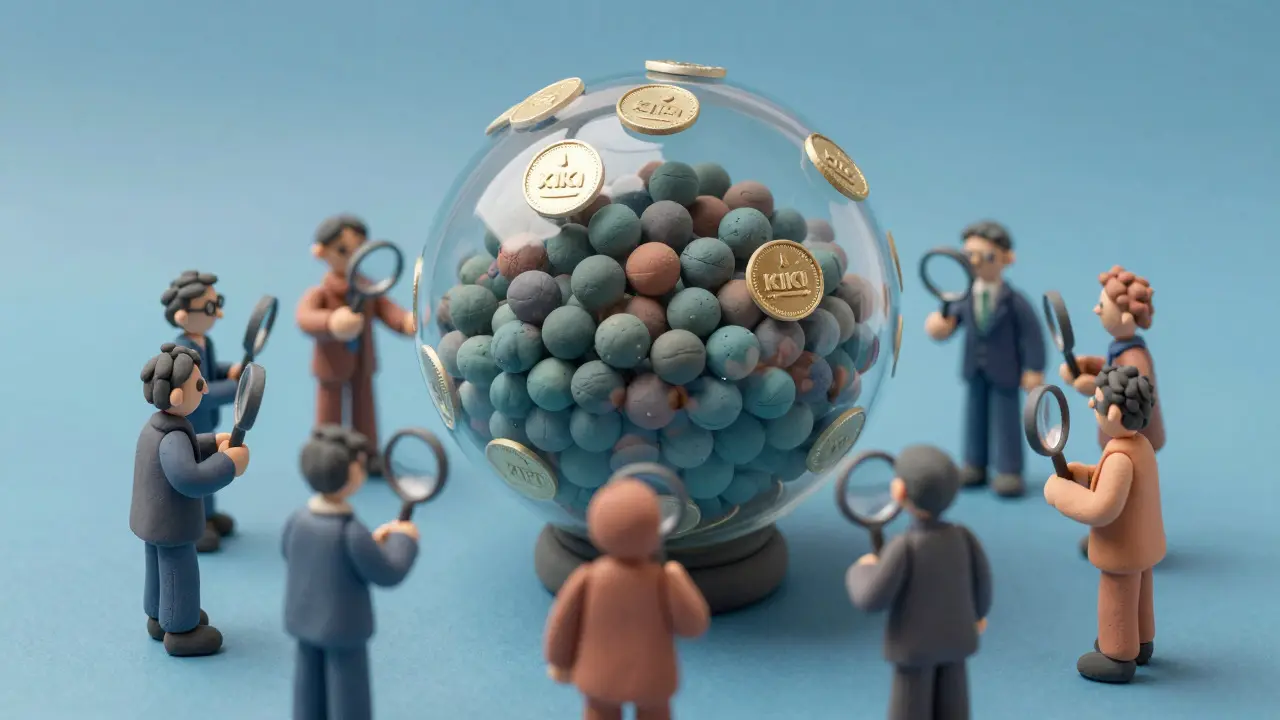 Clay rendering of a large sphere filled with tiny coins surrounded by small investor figures with magnifying glasses