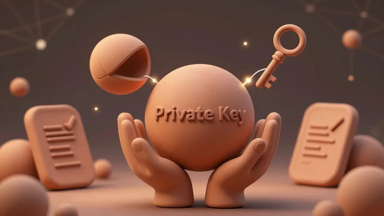 Clay rendering of private and public keys illustrating digital identity and transaction signing.