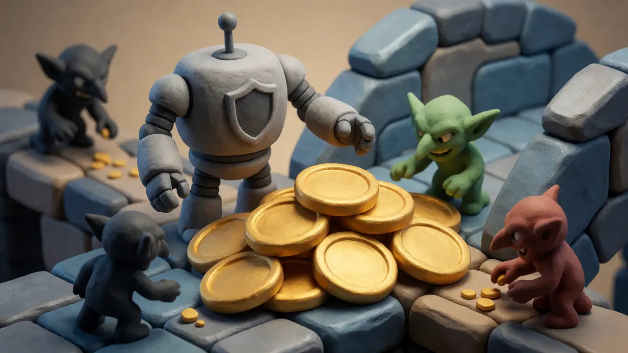 Clay robots guarding crypto assets while small goblins steal fees near a bridge.