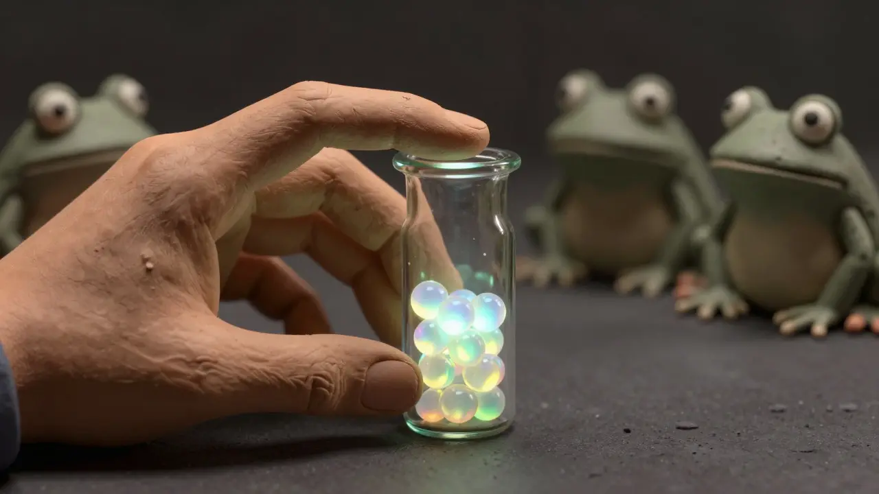 Clay-style hand holding a glass vial of glowing beads over a dark table