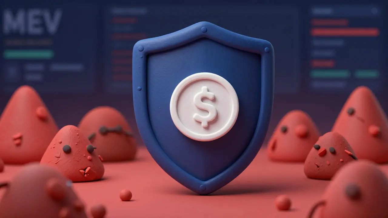 Clay style image of a protective shield blocking chaotic shapes from a coin