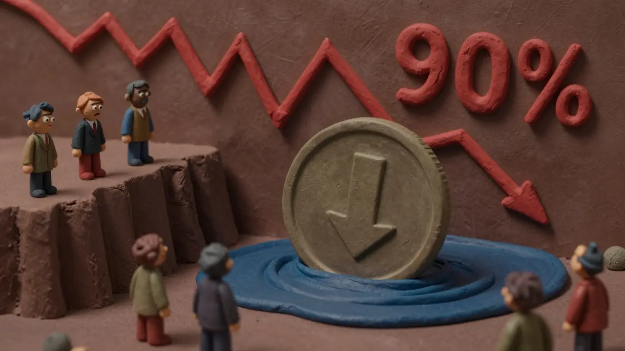 Claymation style image of a coin sinking in dark water with worried investors watching