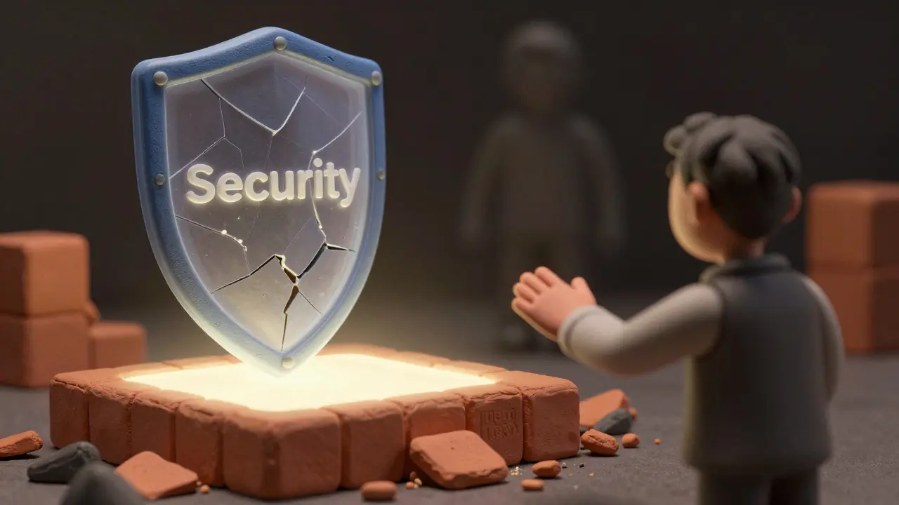 Cracking security shield highlighting risks of unregulated crypto platforms.