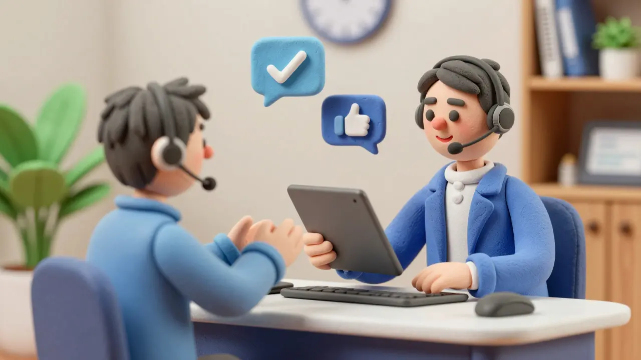 Friendly clay-style support agent helping a customer with a tablet