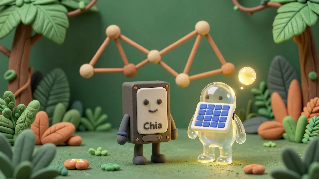 Illustration of clay figures representing different green blockchain technologies in a garden setting