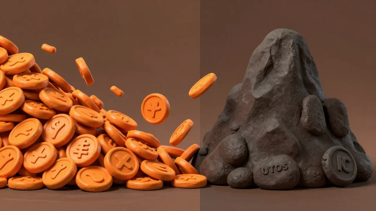 Split scene showing new coins moving to a stable mountain