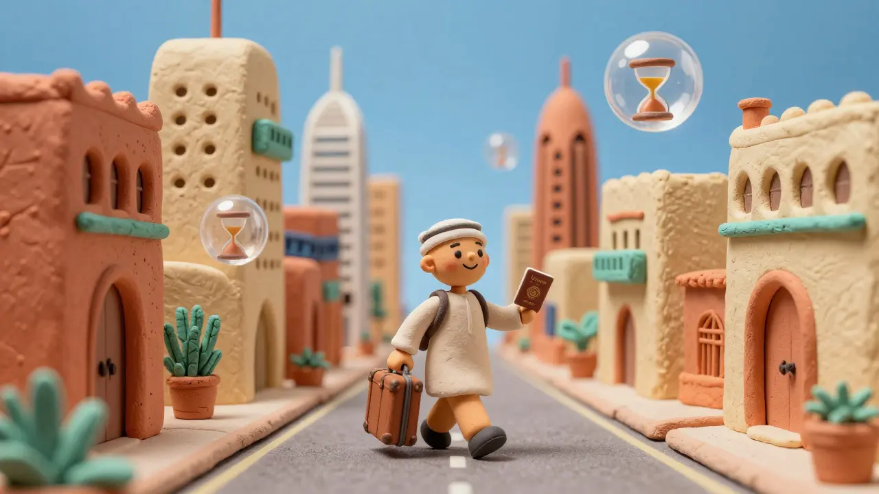 Stylized clay character walking through a miniature Dubai cityscape holding a passport and suitcase