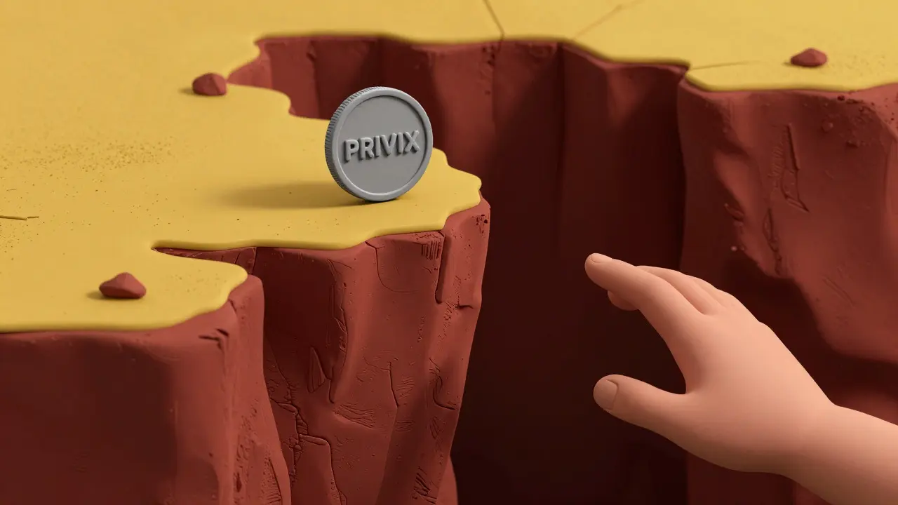 Tiny clay coin on a cliff edge representing crypto risk