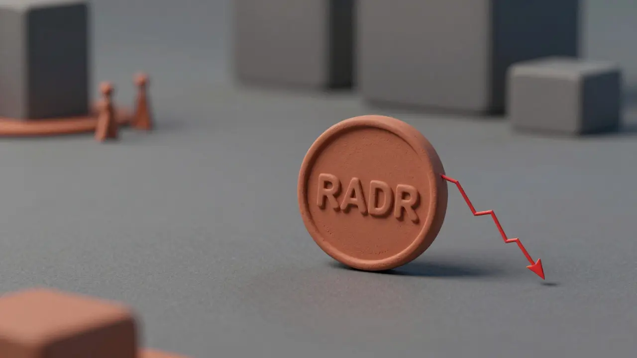 Tiny clay RADR coin on empty surface with low chart