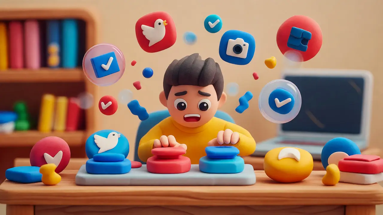 A clay character managing multiple social media tasks for an airdrop claim.