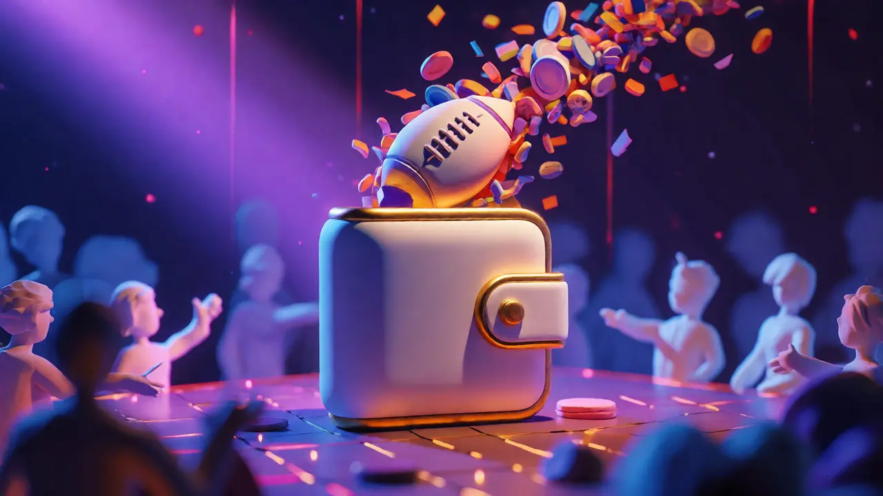 A clay digital wallet bursting with confetti rewards on a purple background.