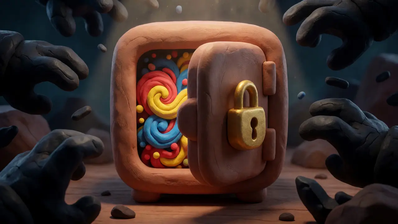A clay hardware wallet containing a storm of colorful random particles
