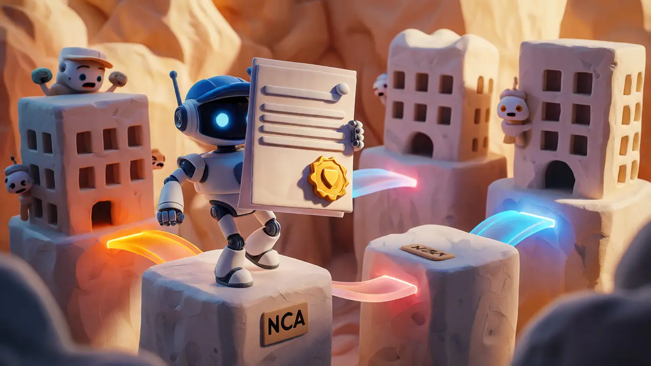A clay robot carrying a license crosses glowing bridges between countries, symbolizing crypto passporting rights.