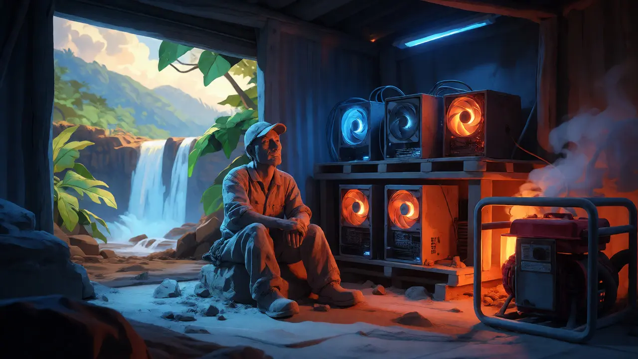 A miner operates rigs indoors while a generator runs outside near a waterfall.