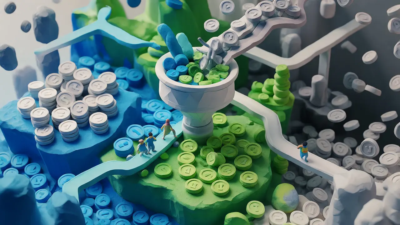 Abstract clay art depicting concentrated liquidity flows versus scattered assets.