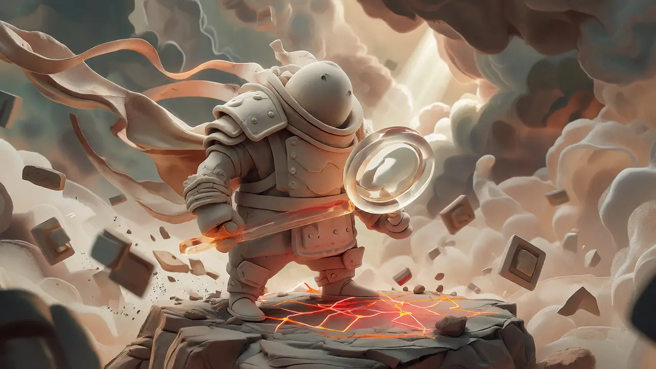 Armored clay character standing firm amidst a storm of falling assets.