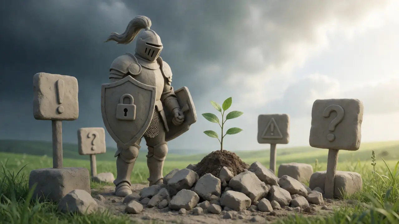Armored clay knight guarding a sapling amidst rubble, symbolizing recovery