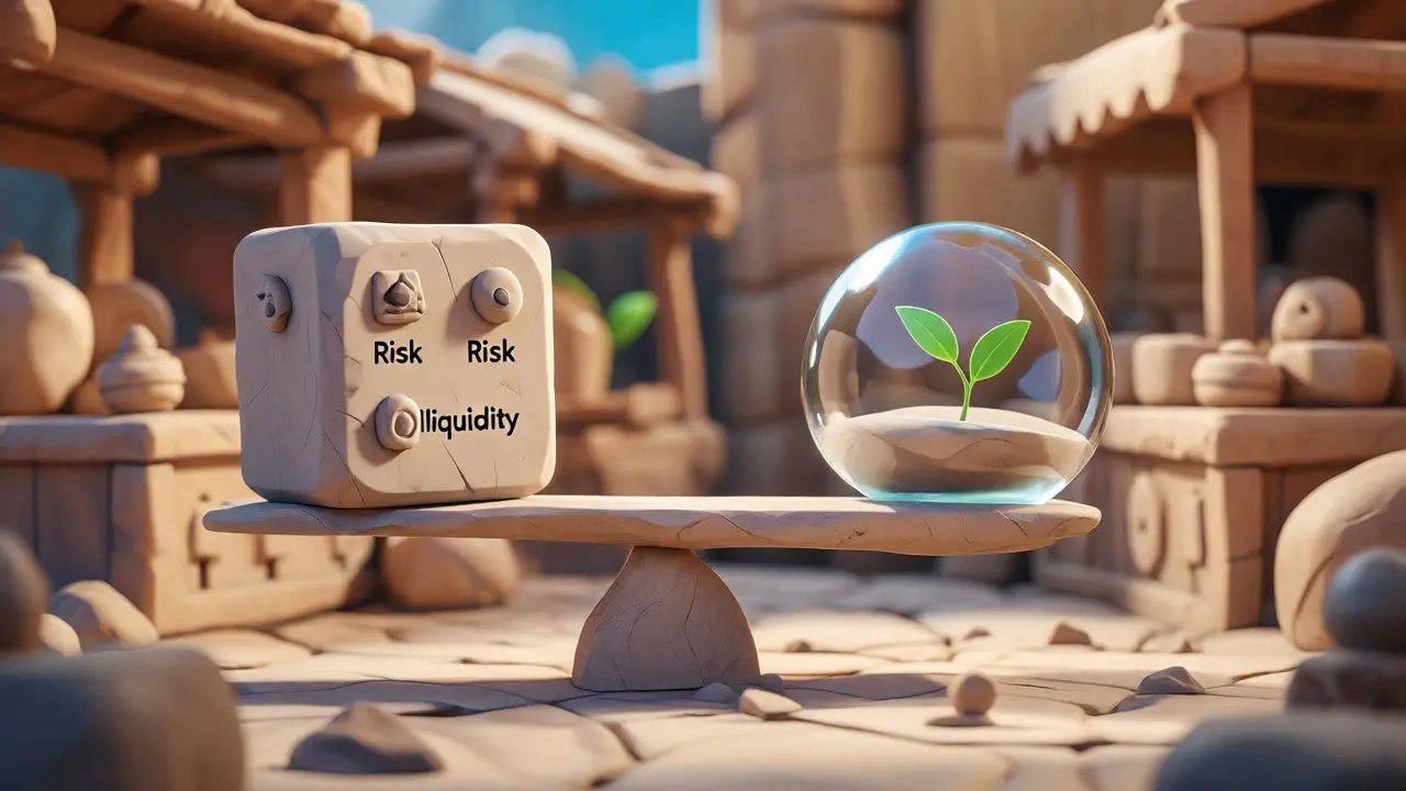Balance scale weighing heavy risk blocks against a fragile growing sprout