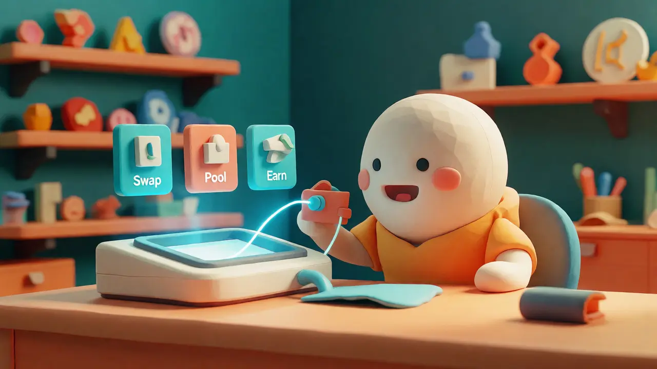 Cartoon character using a simple clay-style DEX interface with swap tabs