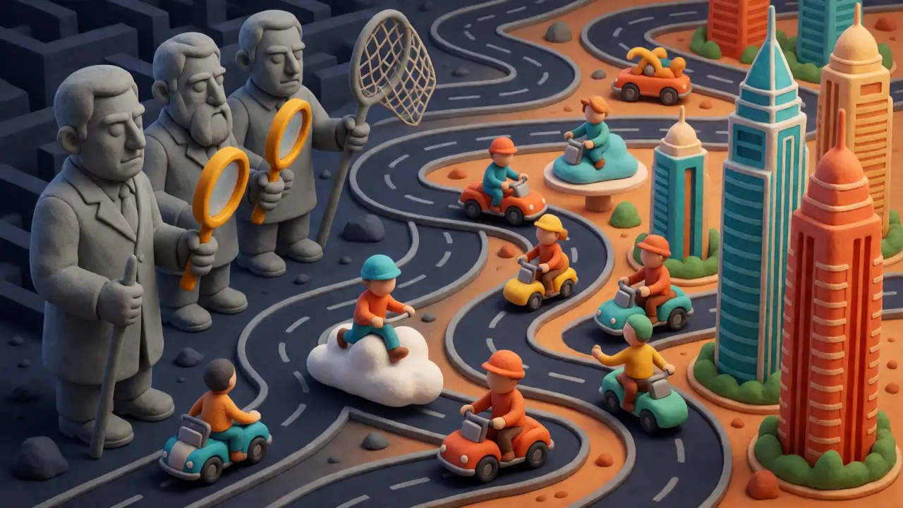 Clay art showing regulators chasing users navigating a maze of crypto access methods.