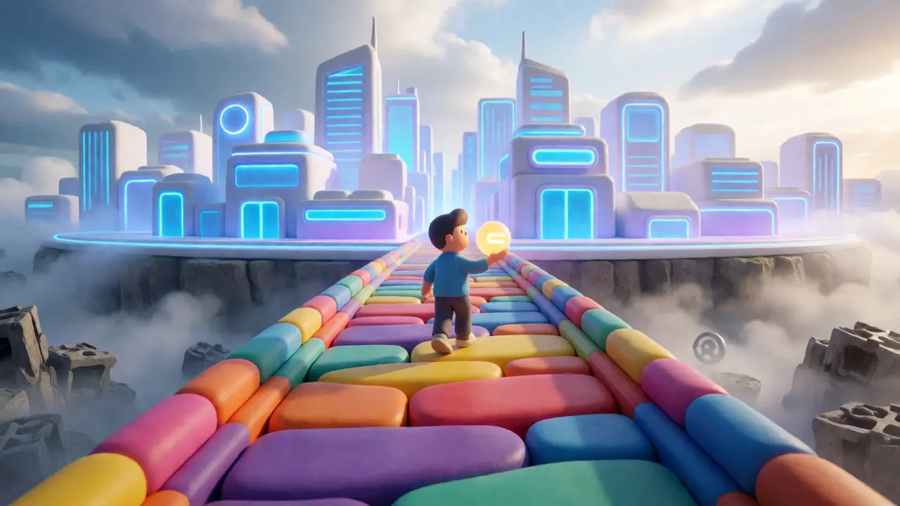 Clay character crossing a bridge toward a bright futuristic city
