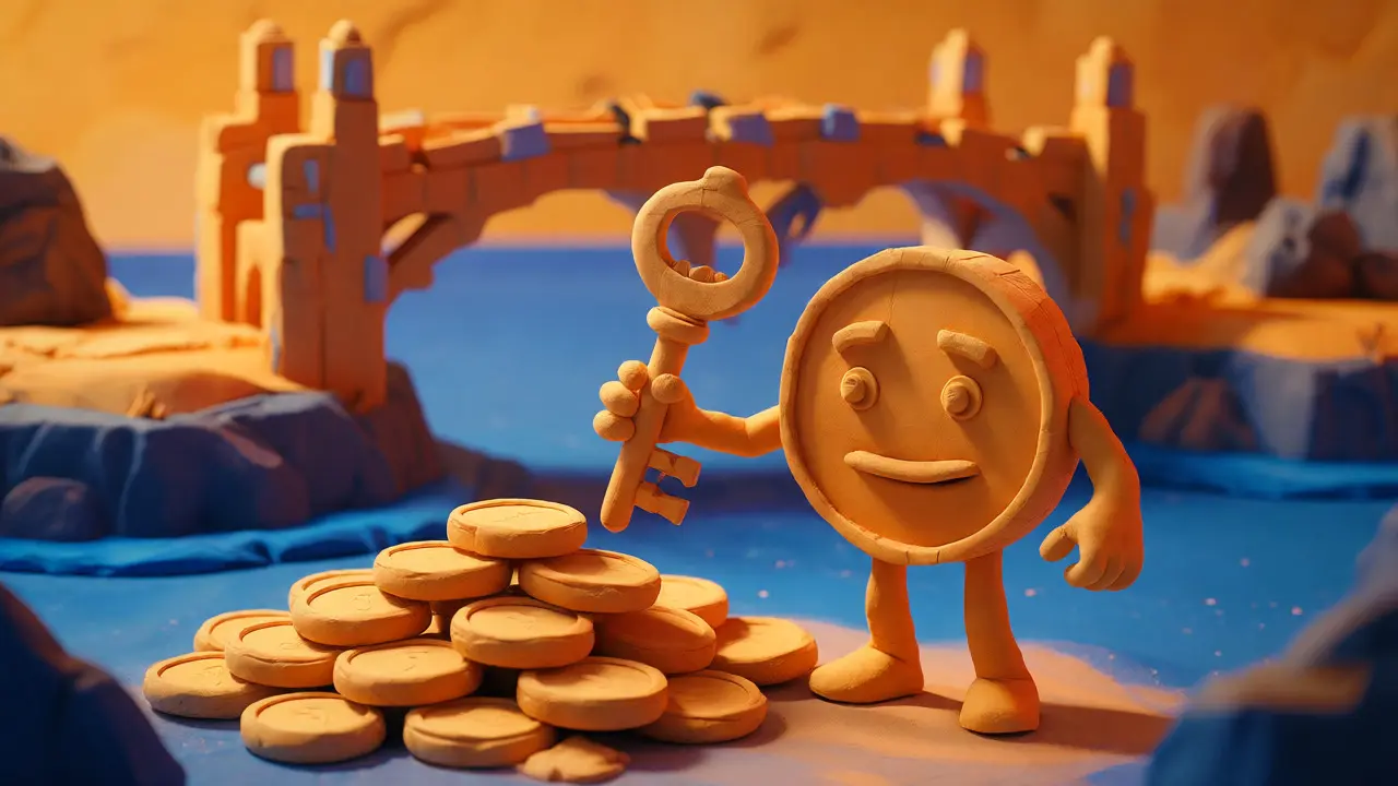 Clay coin character with key near a pile of tokens