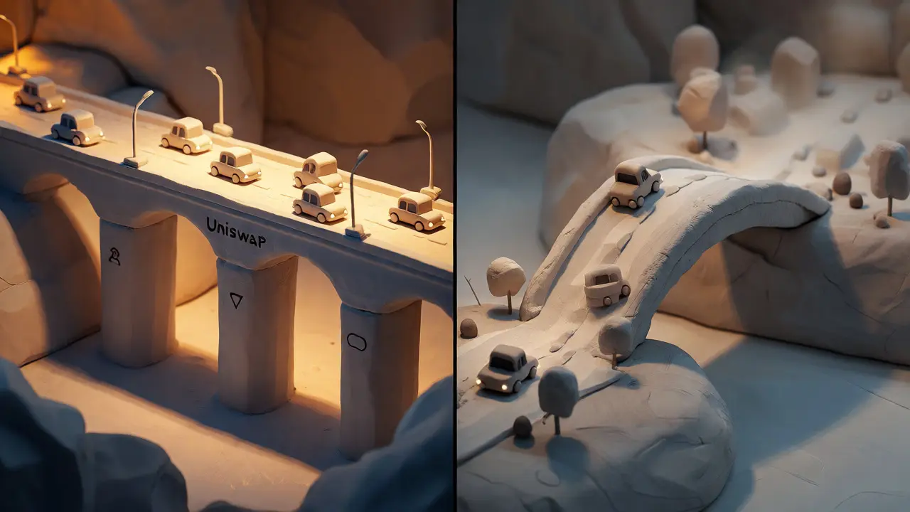 Clay diorama comparing a busy major exchange bridge to a quieter niche DEX bridge.