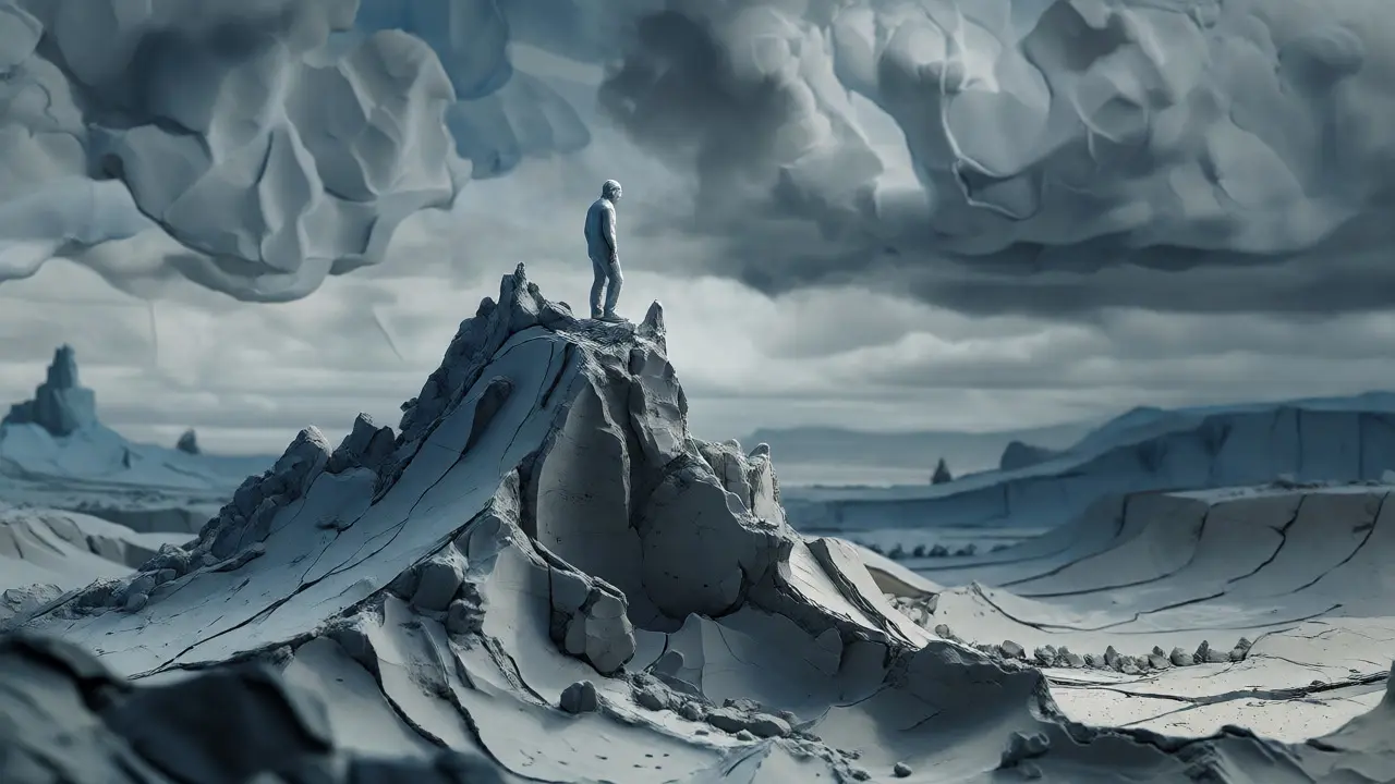 Clay figure on eroded peak overlooking empty valley