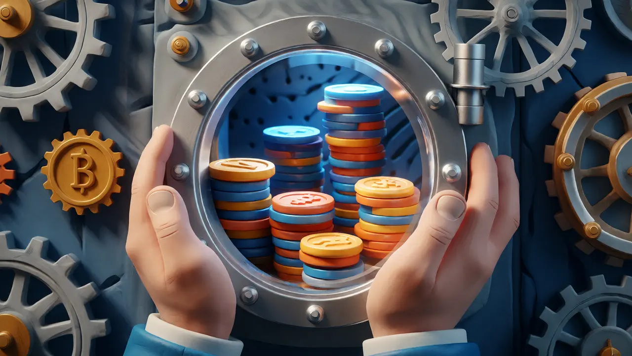 Clay hands holding an open vault filled with glowing cryptocurrency coins and mechanical locks.