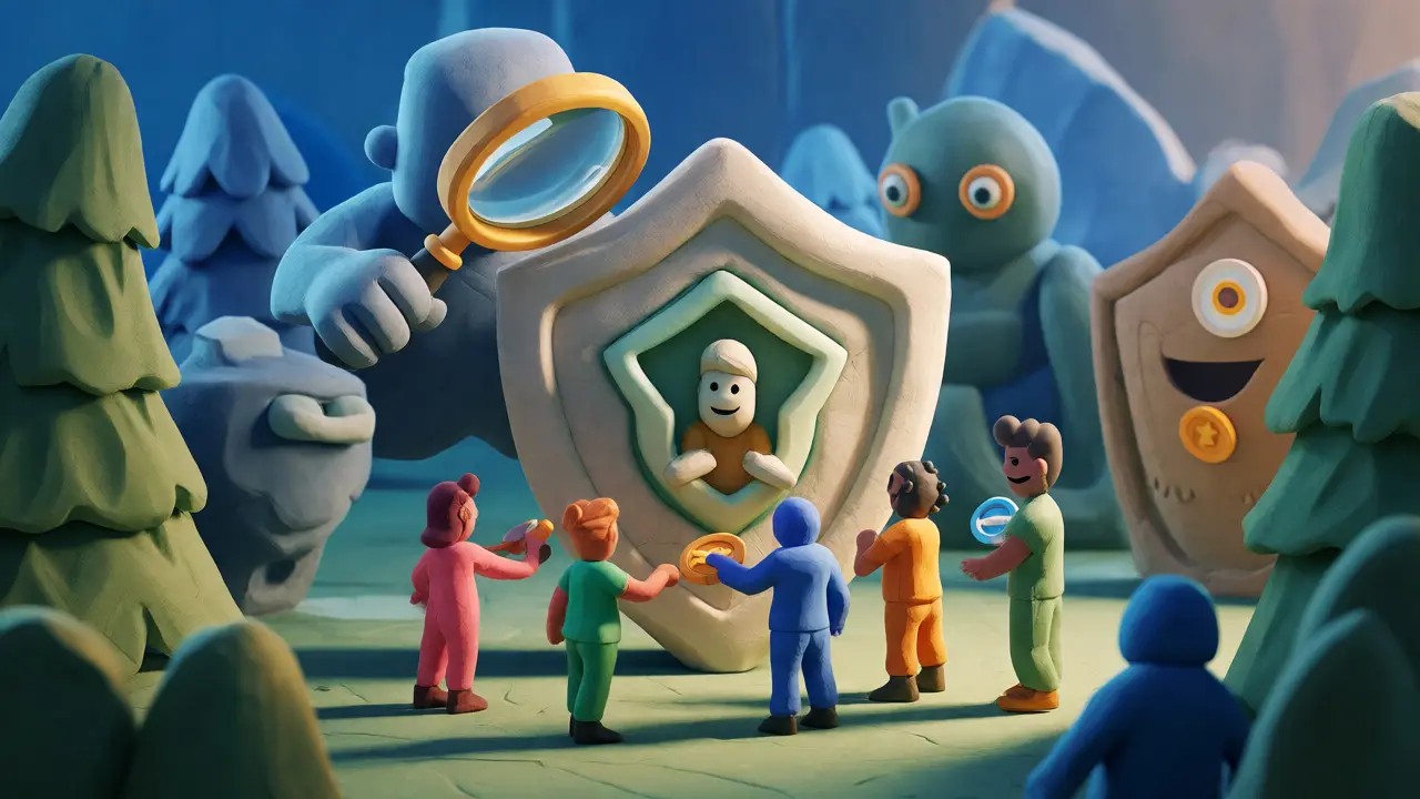 Clay illustration of a secure shielded community exchanging crypto tokens