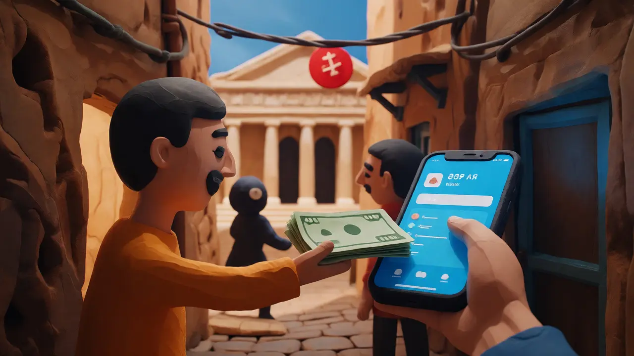 Clay illustration of an underground cash-for-crypto exchange in an alley