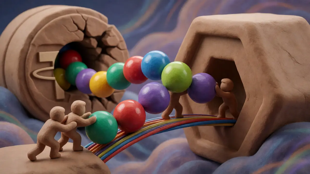 Clay rendering of crypto assets moving from a broken exchange to a secure decentralized network.