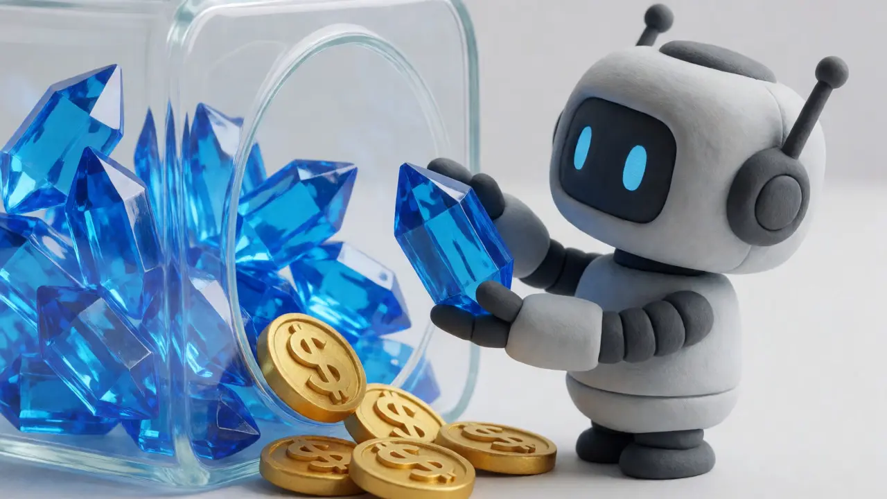 Clay robot depositing crypto crystals into a vault to mint stablecoin tokens.