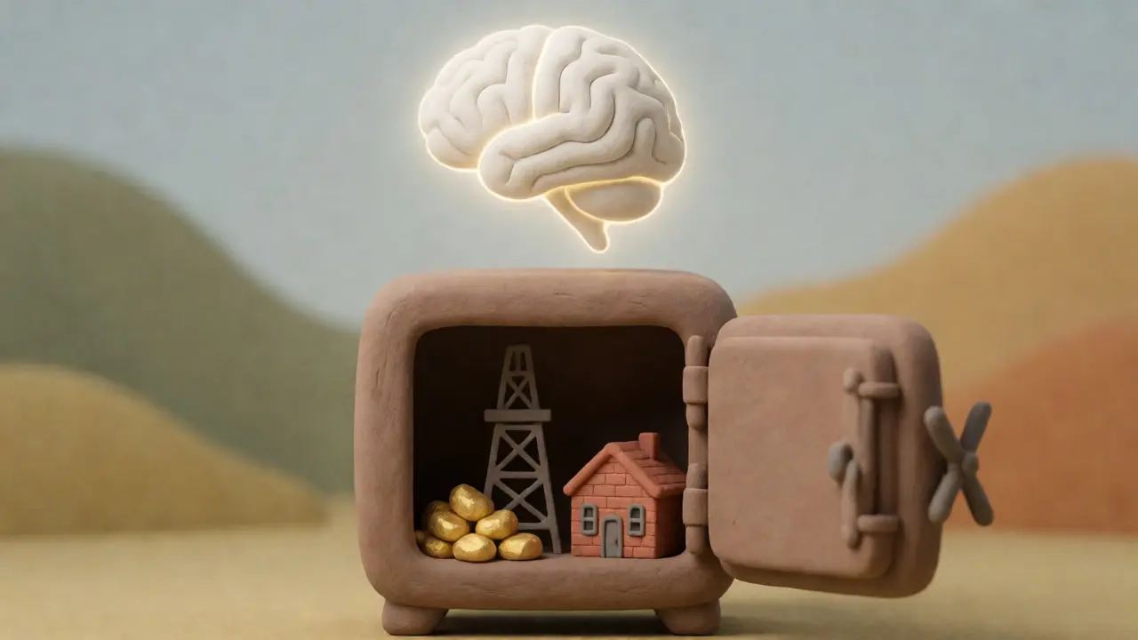Clay safe containing gold, oil, and real estate models managed by an AI brain.