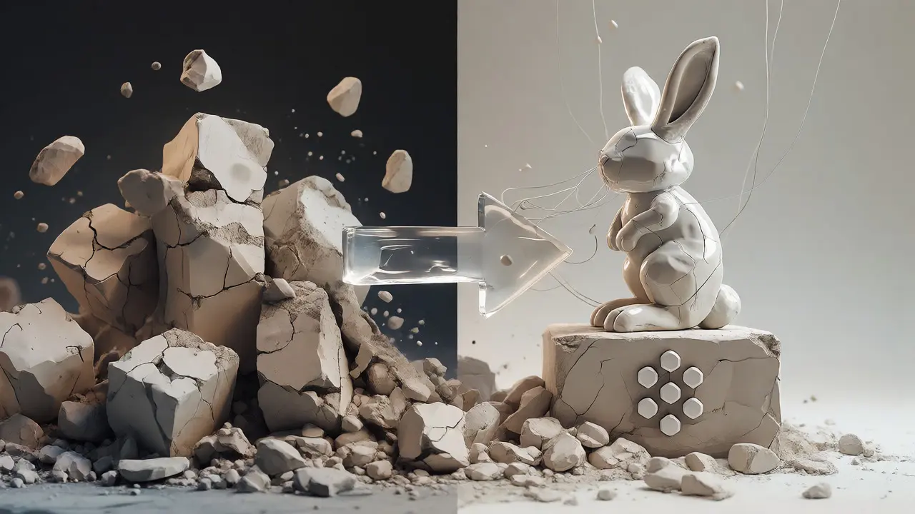 Clay sculpture showing the migration from old broken tokens to a new shiny hare figure.