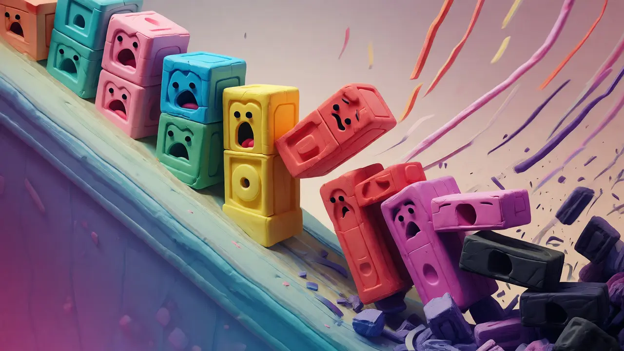Colorful clay blocks tumbling down a slope in a chaotic domino effect.