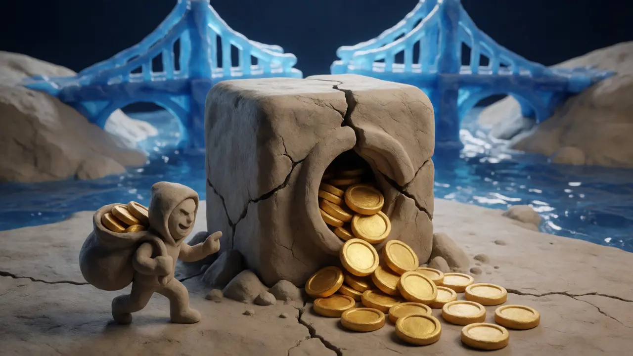 Cracked clay vault leaking tokens while a hacker steals assets near a broken bridge