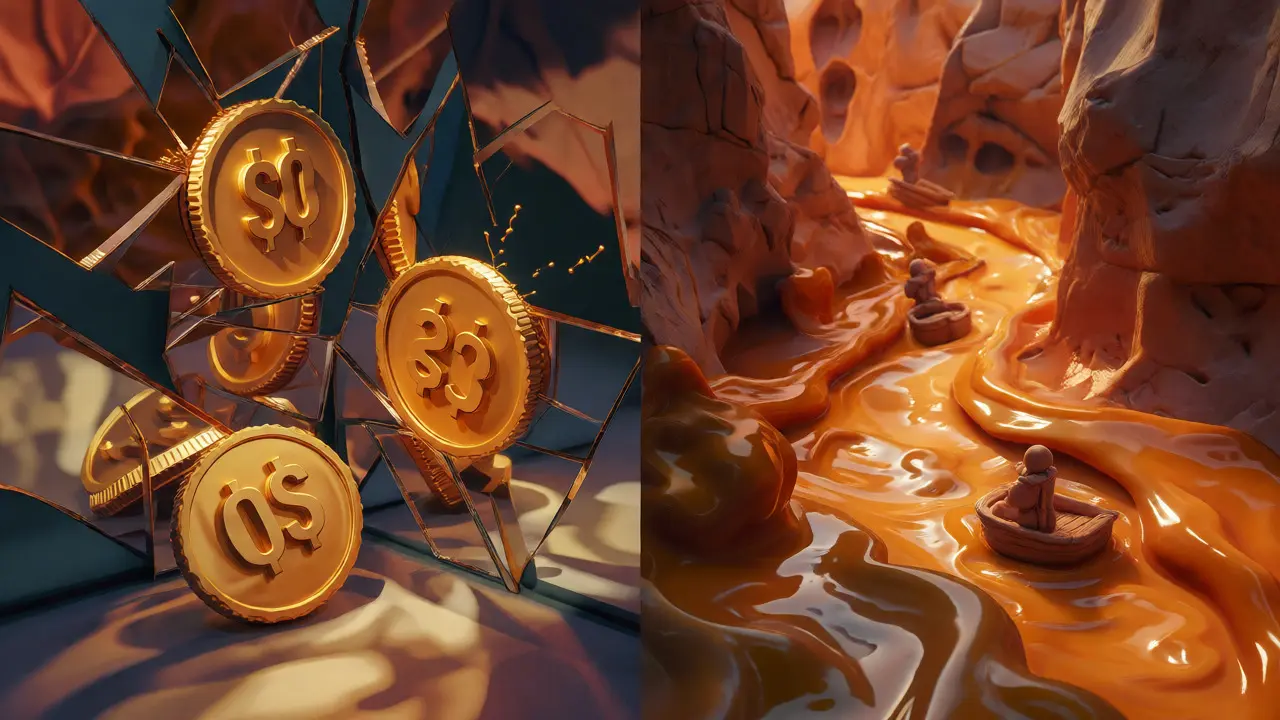 Fragmented mirrors showing varied prices next to a sluggish clay river