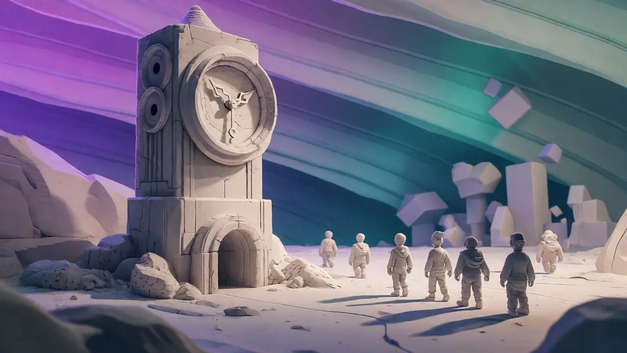 Frozen clay clock tower with gamers walking toward horizon