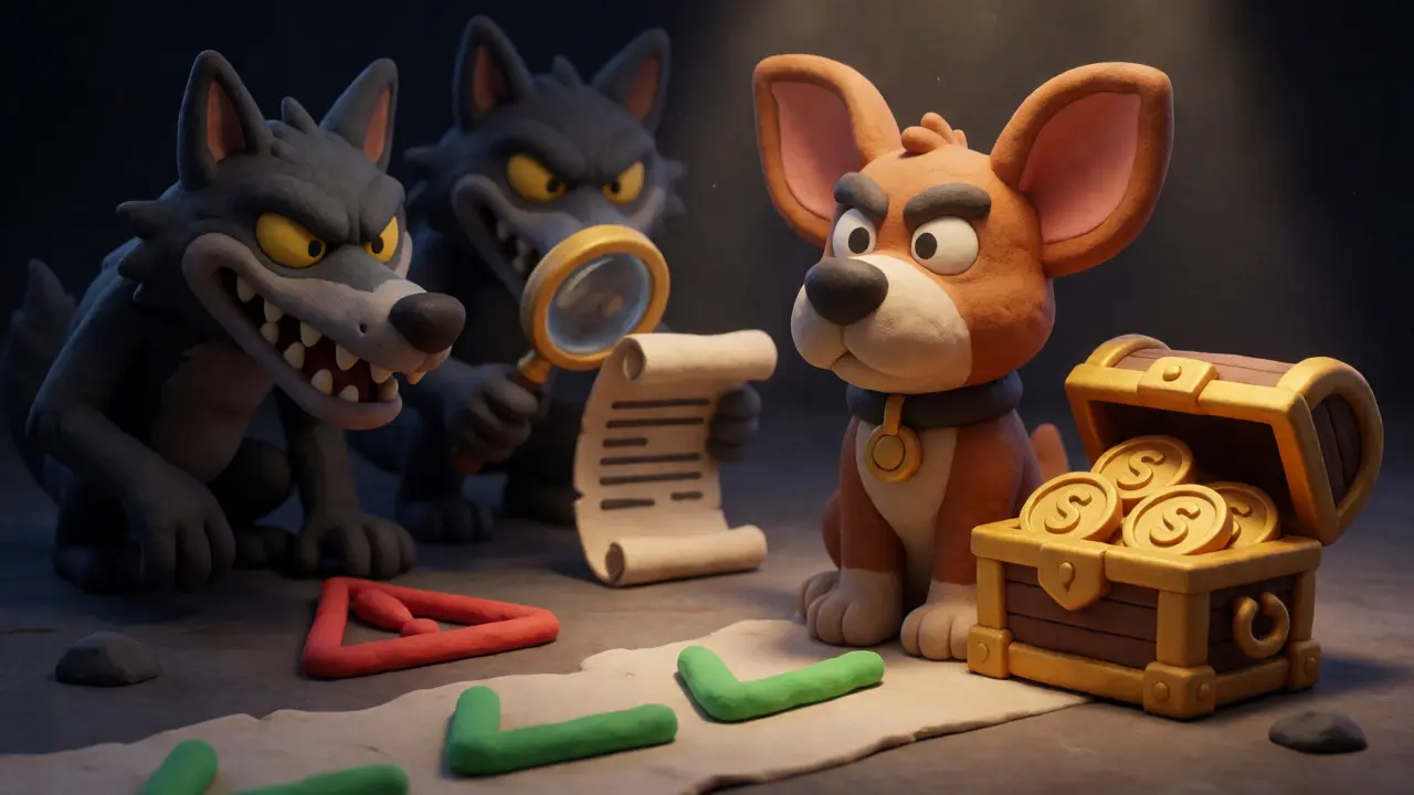 Guard dog protecting SIL tokens from scammer wolves in clay art