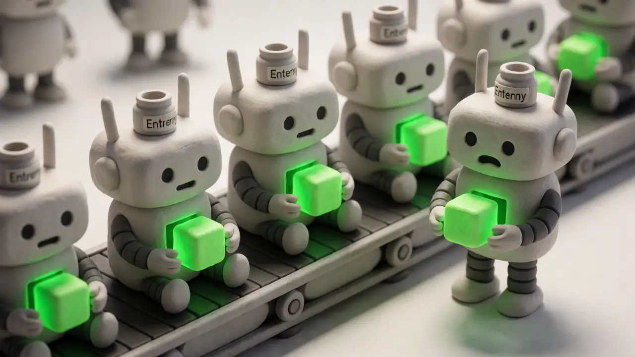Identical clay robots producing duplicate green keys due to low entropy