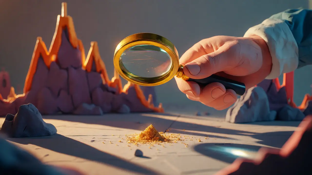 Magnifying glass inspecting a tiny speck of gold dust amidst crashing clay price charts.
