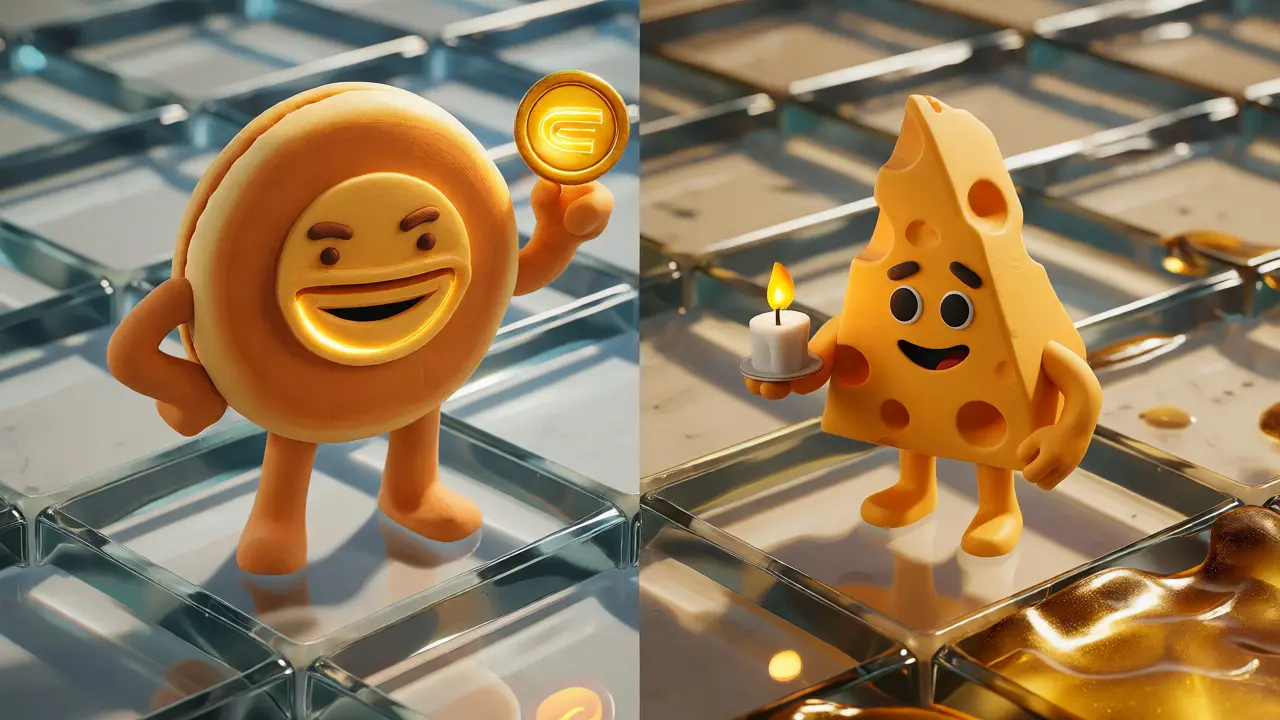 PancakeSwap vs CheeseSwap clay figures comparing liquidity